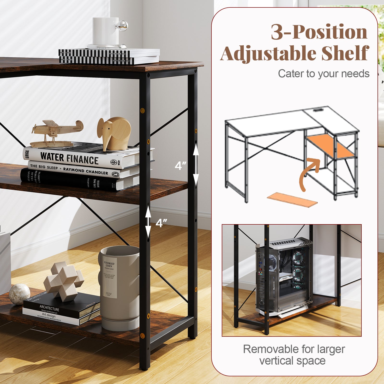 L-shaped 47 Inch Reversible Corner Desk with Adjustable Storage Shelves-Rustic Brown