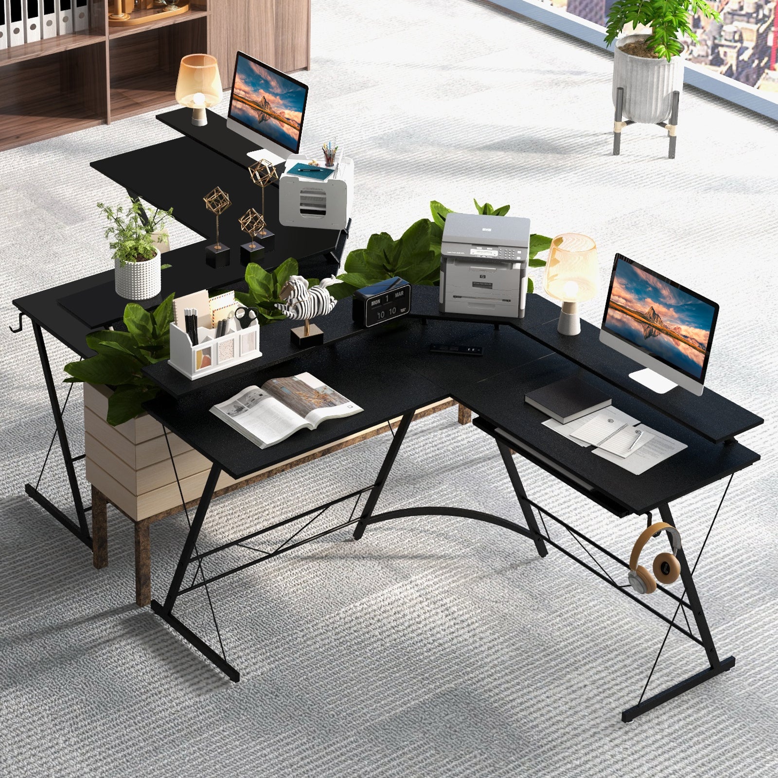 L-shaped Computer Desk with Power Outlet and Monitor Stand-Black