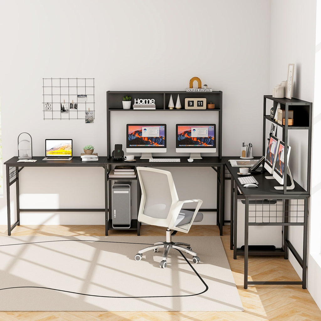 L-shaped Desk with Power Outlet Hutch-Black
