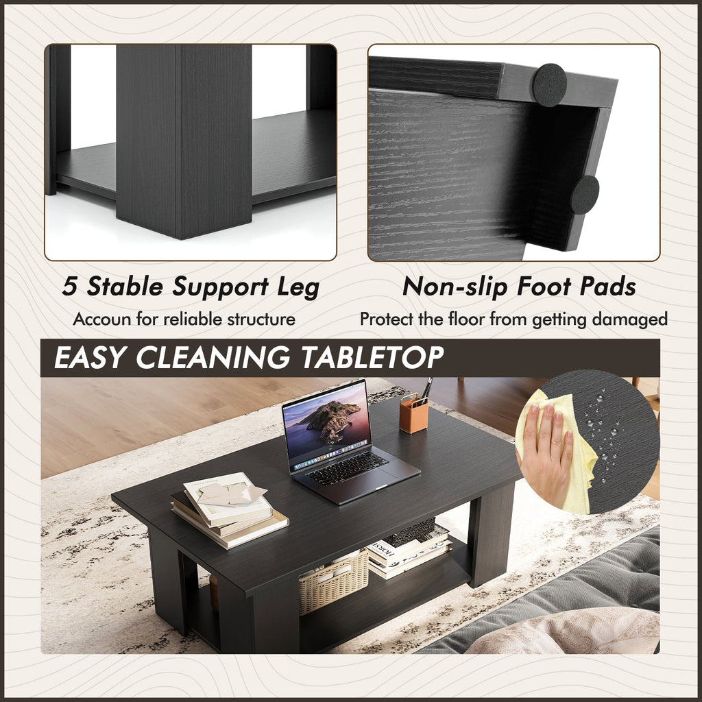 Large 36/41 Inch 2-tier Wooden Modern Coffee Table with Storage Shelf-Black