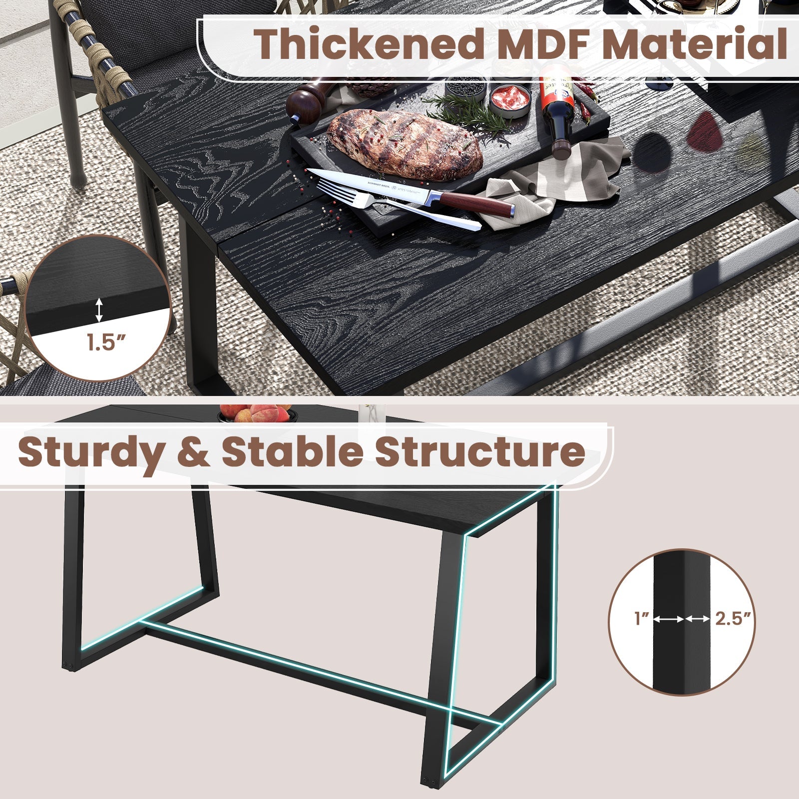 Large Dining Table with Heavy-duty Metal Frame and Anti-slip Foot Pads-Black