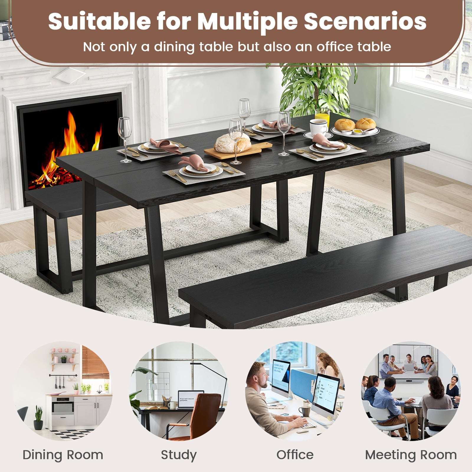 Large Dining Table with Heavy-duty Metal Frame and Anti-slip Foot Pads-Black