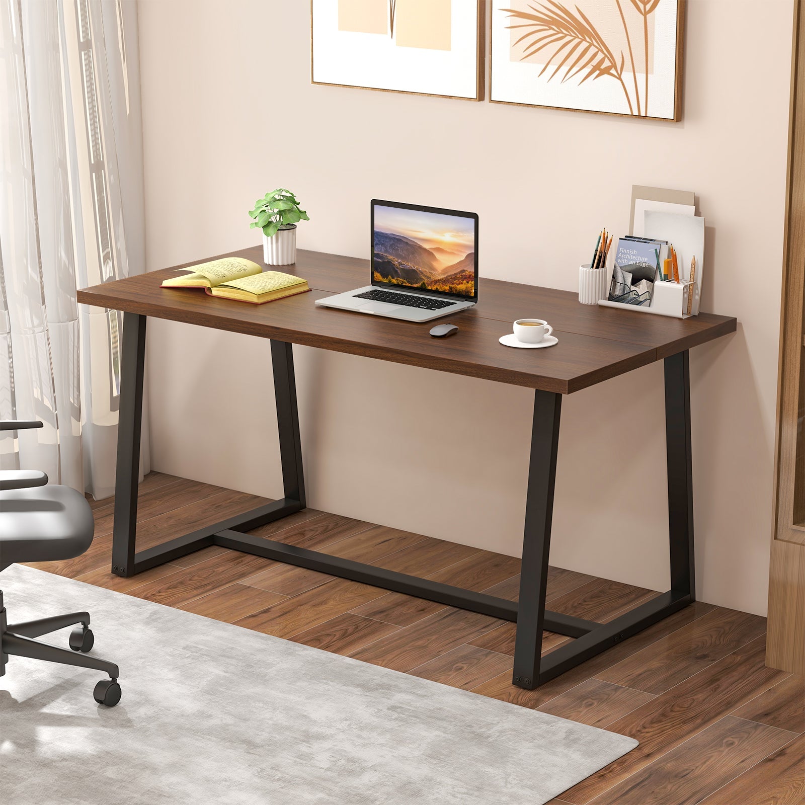 Large Dining Table with Heavy-duty Metal Frame and Anti-slip Foot Pads-Coffee