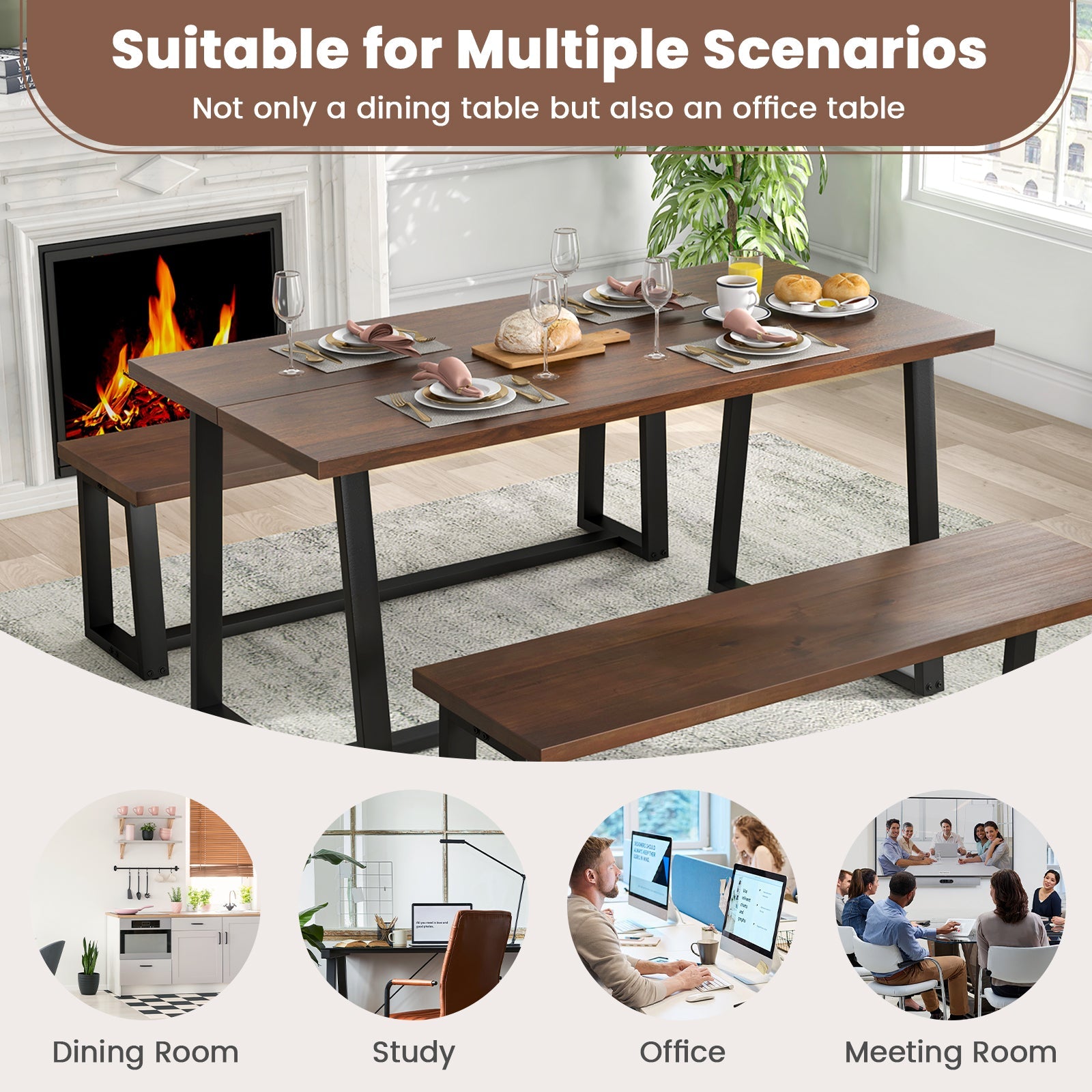 Large Dining Table with Heavy-duty Metal Frame and Anti-slip Foot Pads-Coffee