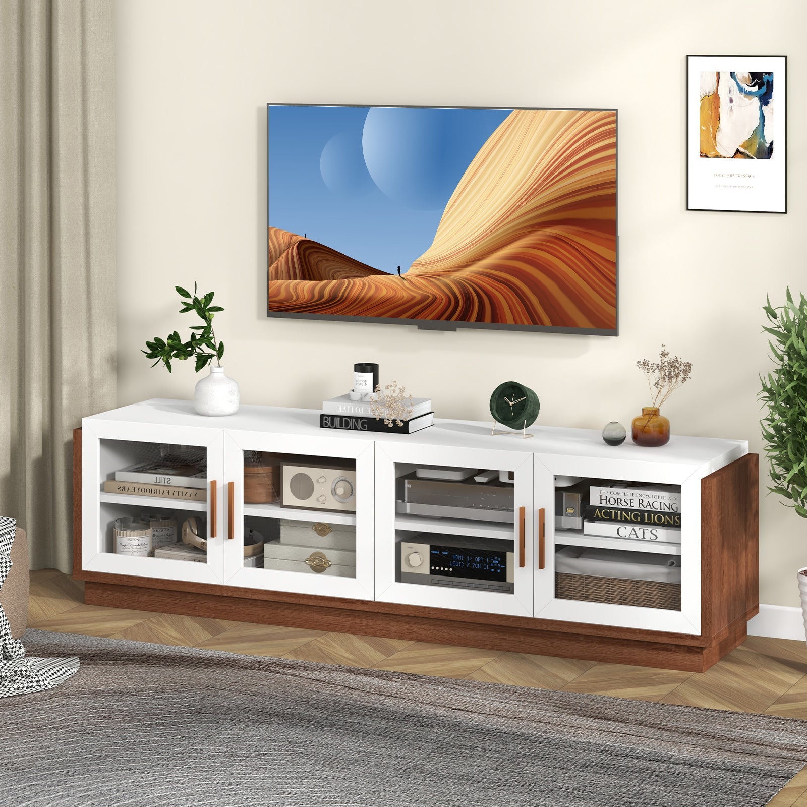 Large TV Stand for TVs up to 75 Inch with 4 Tempered Glass Doors for Living Room-White