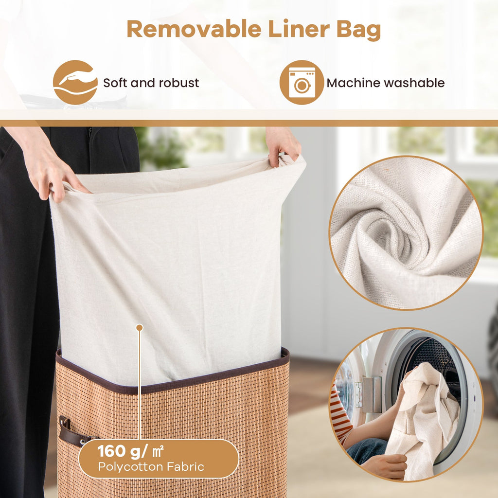 19 Gal Rectangle Laundry Basket Bamboo Clothes Hamper with Handles and Lid-Yellow