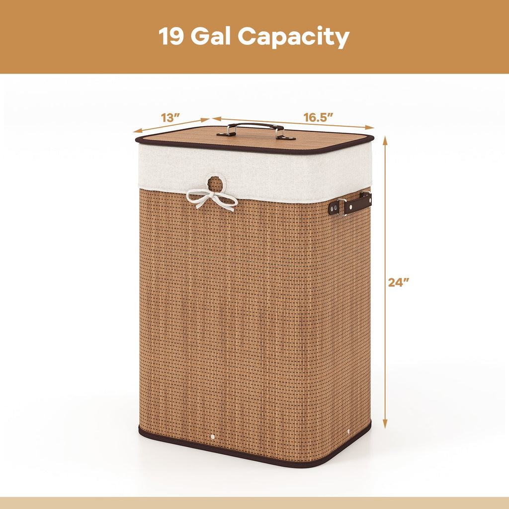 19 Gal Rectangle Laundry Basket Bamboo Clothes Hamper with Handles and Lid-Yellow