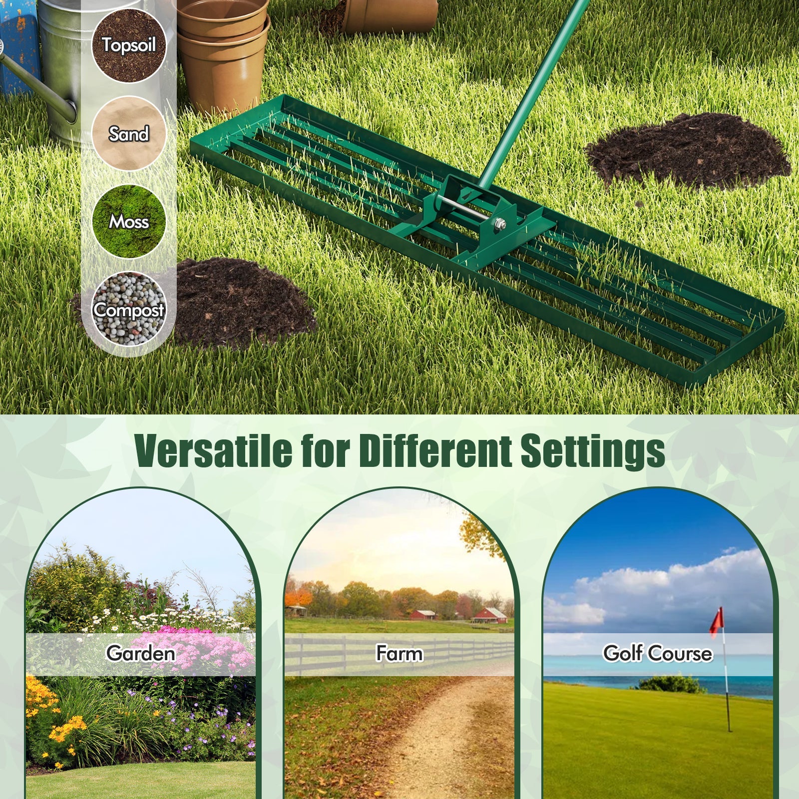 Lawn Leveling Rake 46 x 10 Inch Heavy Duty Lawn Level Tool for Soil-Green