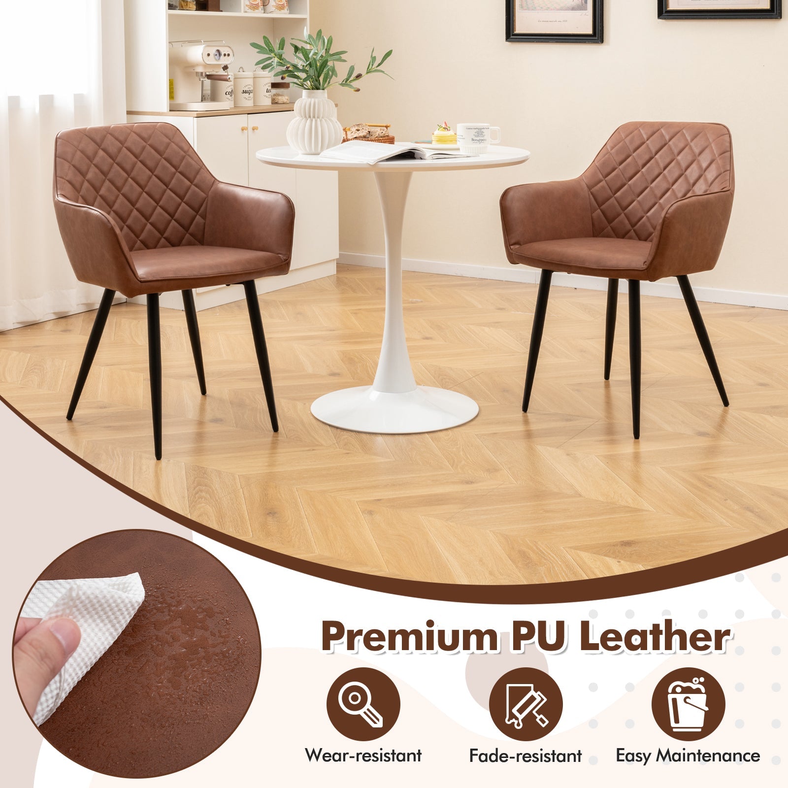 Leisure Dining Chair Set of 2 with Curved Backrest and Wide Seat-Coffee