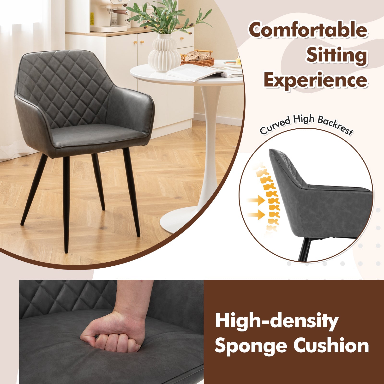 Leisure Dining Chair Set of 2 with Curved Backrest and Wide Seat-Gray