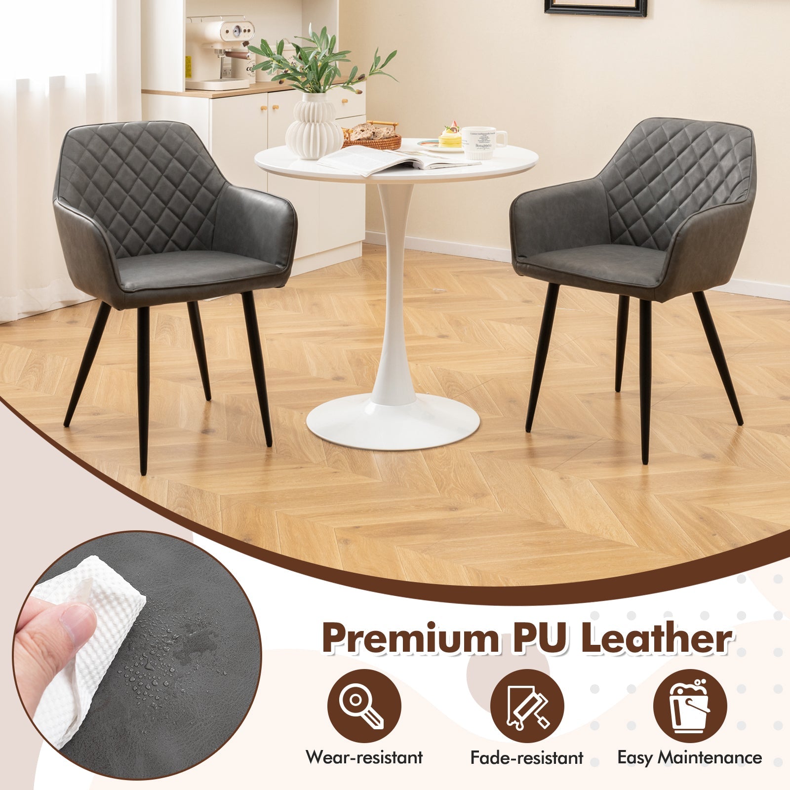 Leisure Dining Chair Set of 2 with Curved Backrest and Wide Seat-Gray
