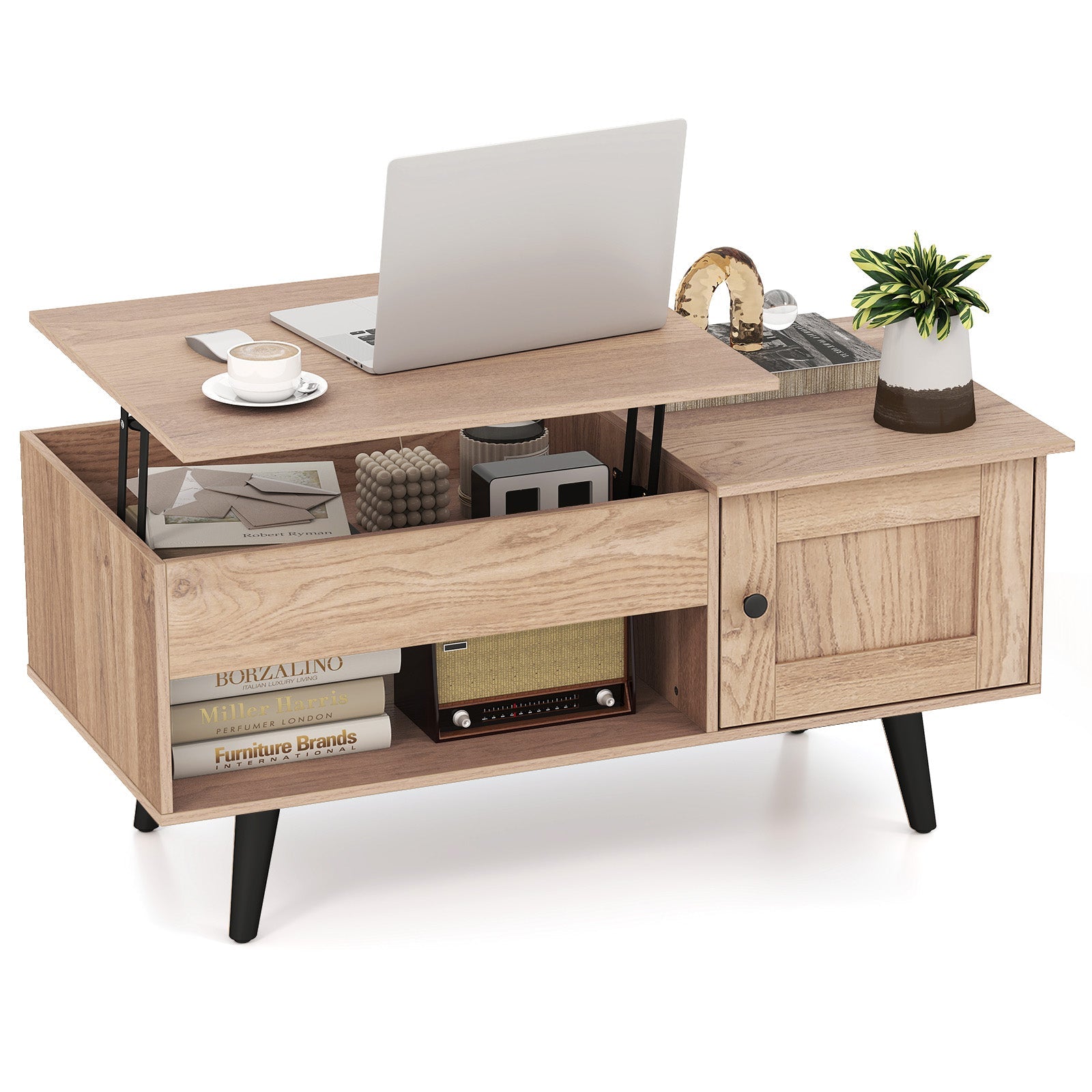 Lift Top Coffee Table with Storage and Hidden Compartment-Natural