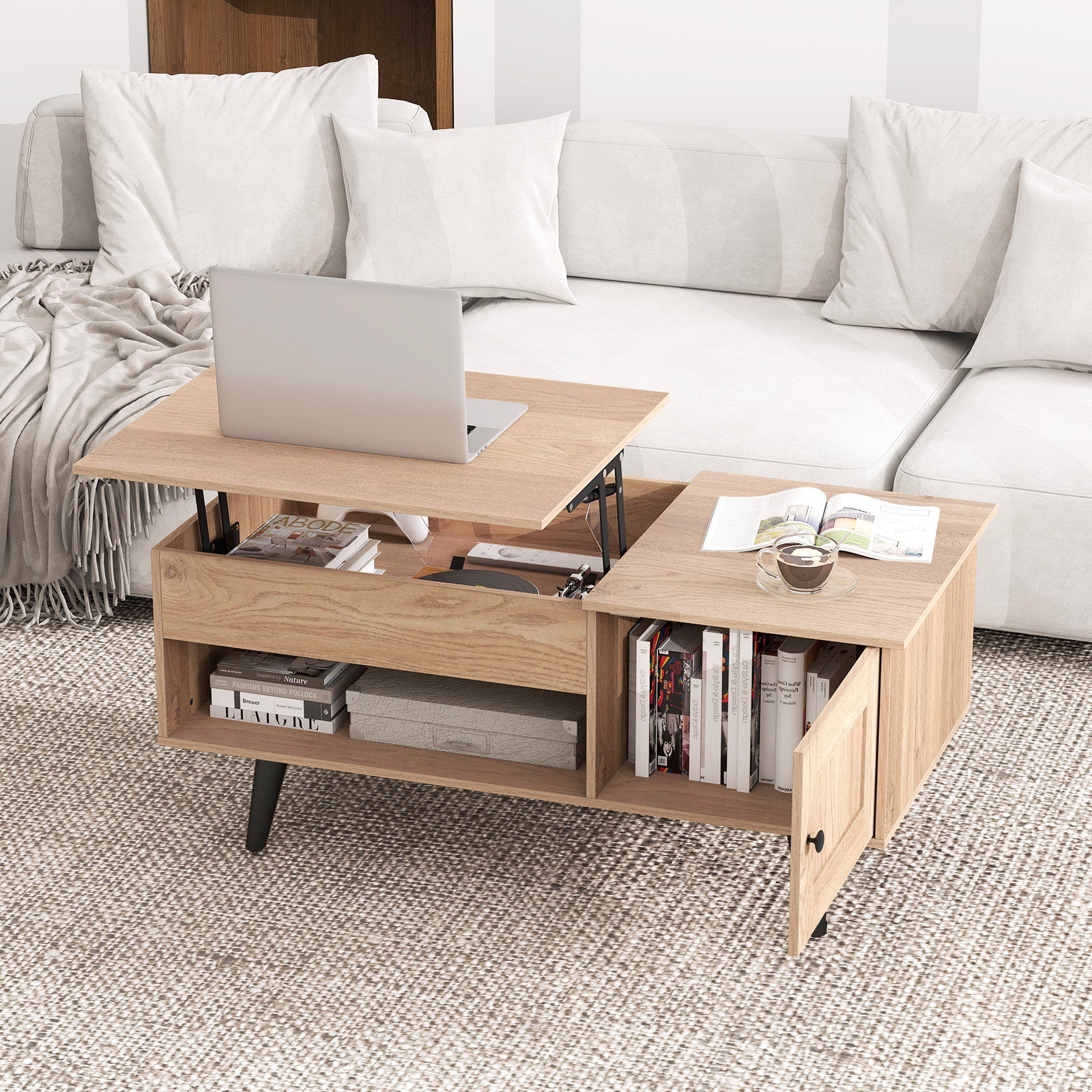 Lift Top Coffee Table with Storage and Hidden Compartment-Natural