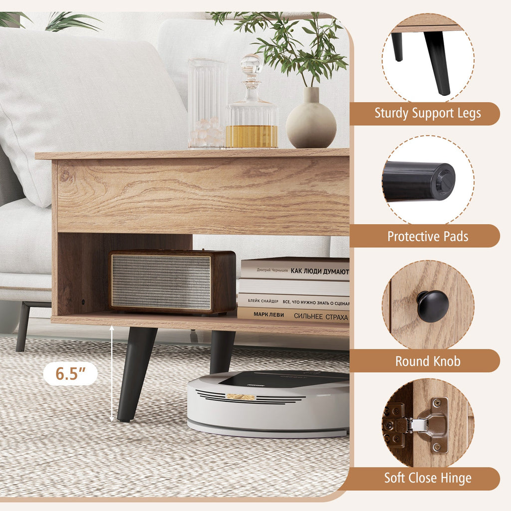 Lift Top Coffee Table with Storage and Hidden Compartment-Natural