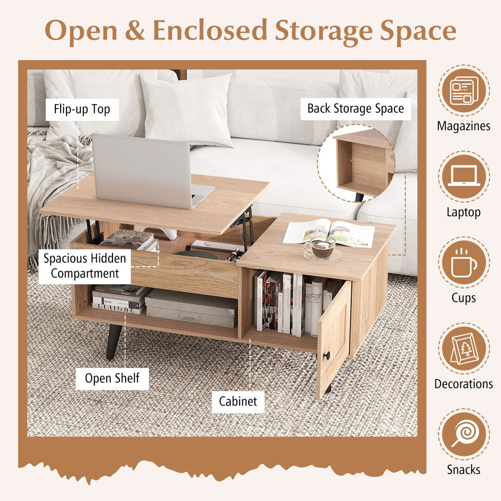 Lift Top Coffee Table with Storage and Hidden Compartment-Natural
