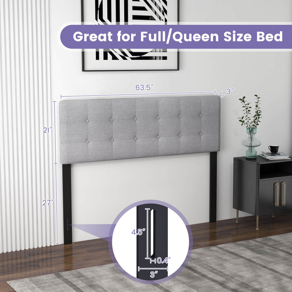 Linen Upholstered Headboard with Solid Rubber Wood Legs-Gray