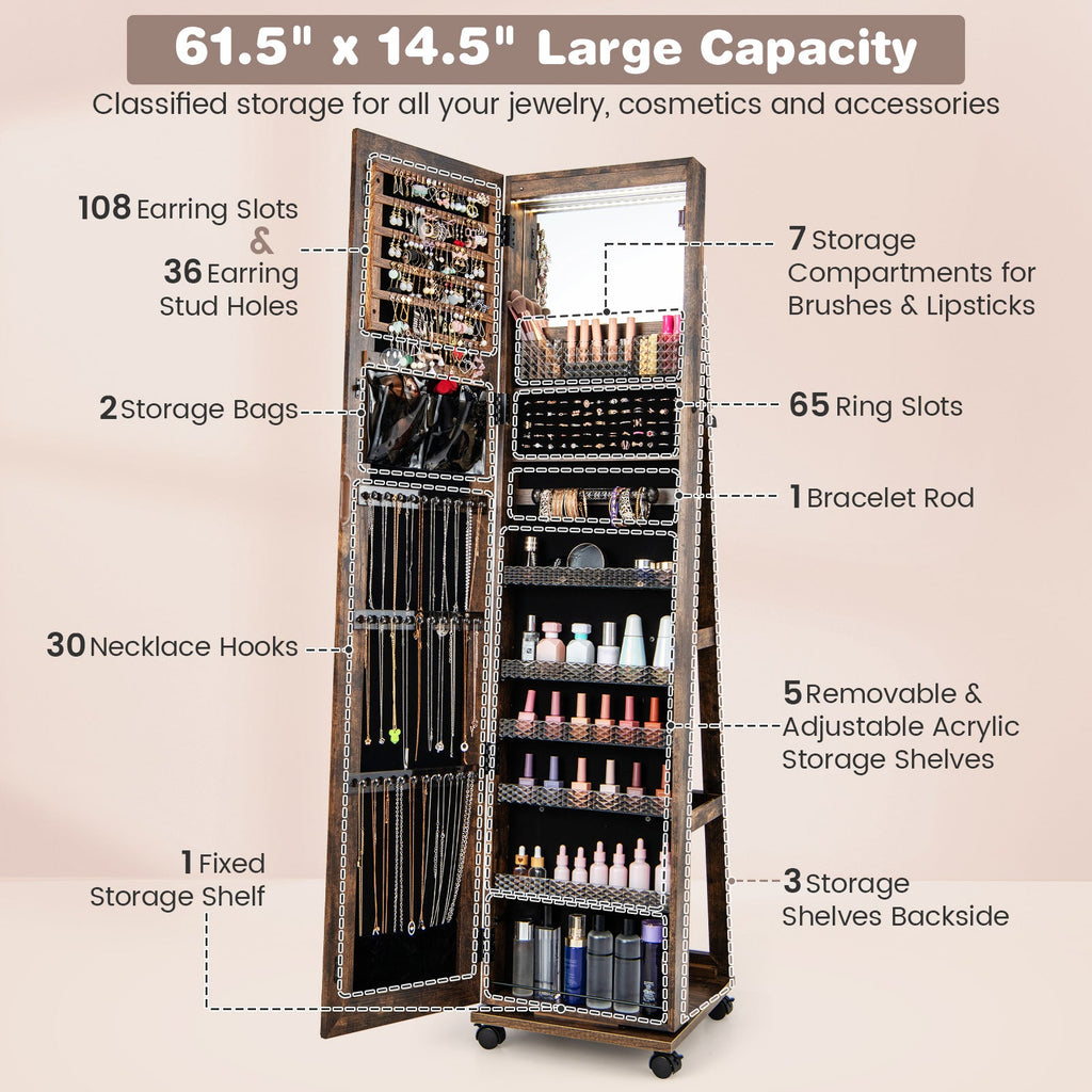 64 Inches Lockable Jewelry Cabinet Armoire with Built-in Makeup Mirror-Coffee