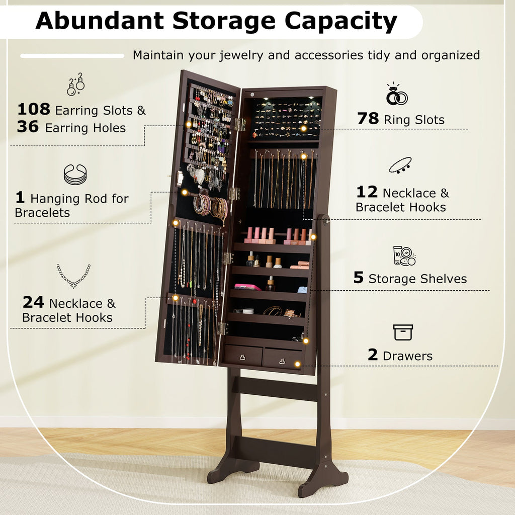 Lockable Mirrored Jewelry Cabinet with Stand and Led Lights-Brown
