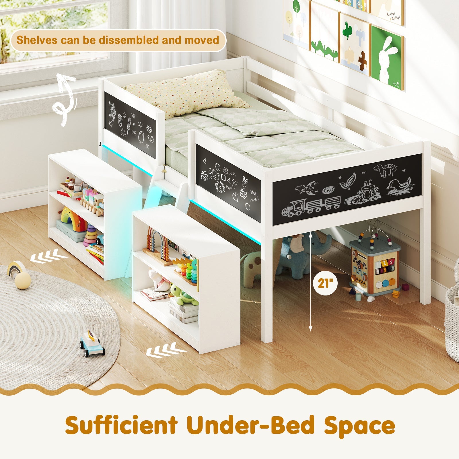 Low Loft Bed with LED Lights Kid's Cabin Bed with Bookcases-White