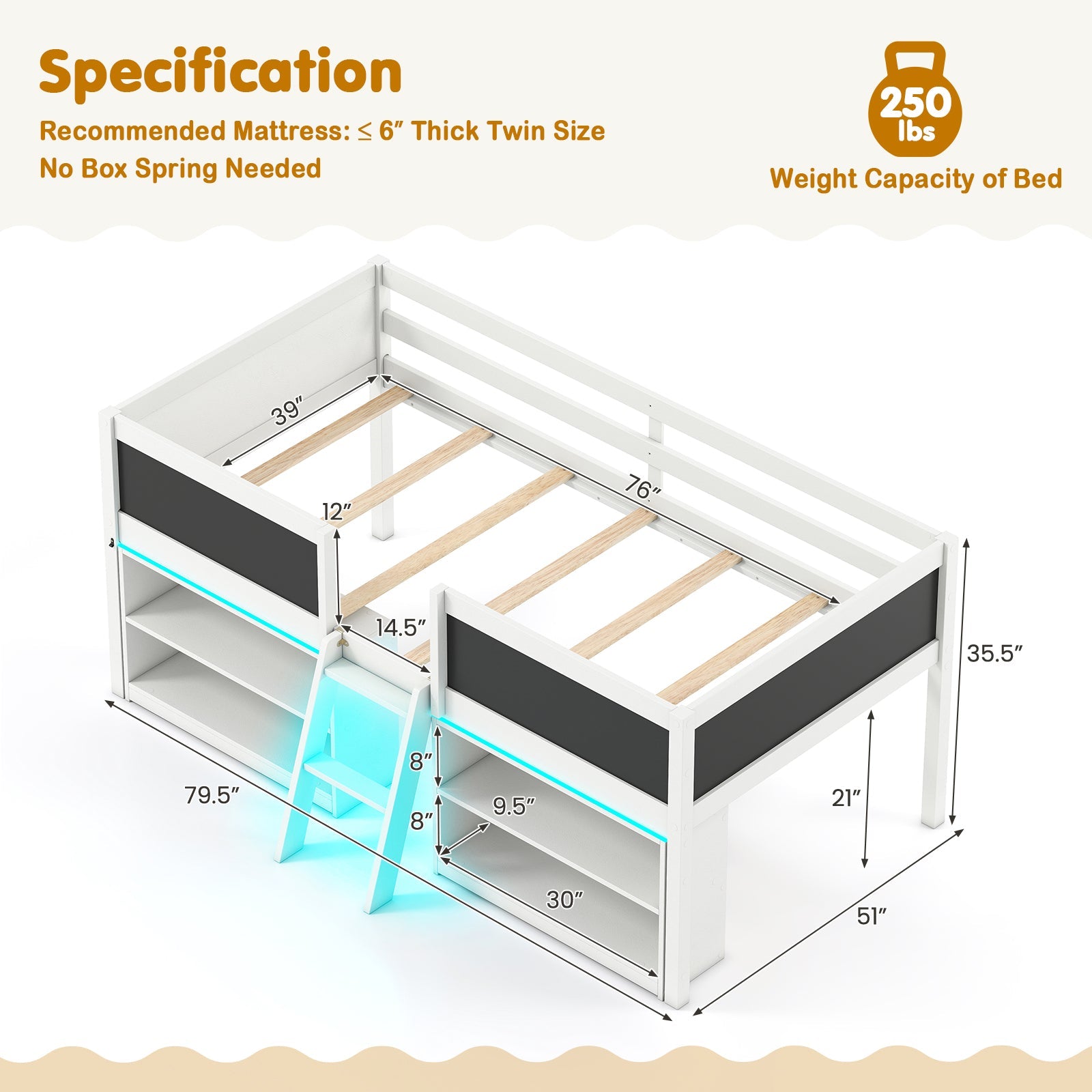 Low Loft Bed with LED Lights Kid's Cabin Bed with Bookcases-White
