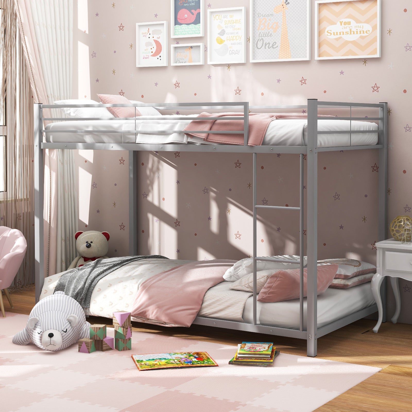 Low Profile Twin Over Twin Metal Bunk Bed with Full-length Guardrails-Silver