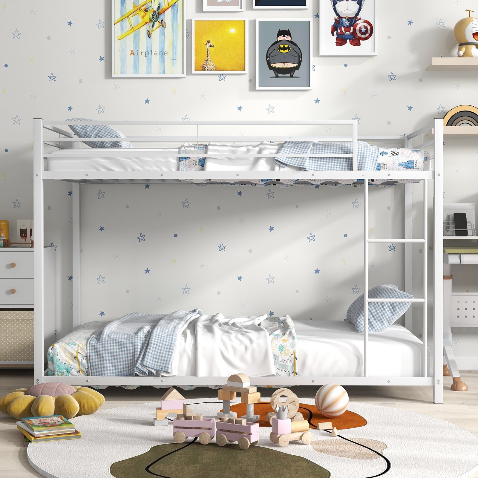 Low Profile Twin Over Twin Metal Bunk Bed with Full-length Guardrails-White