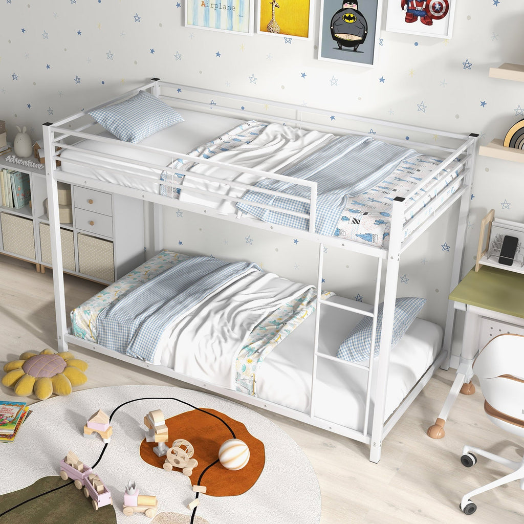 Low Profile Twin Over Twin Metal Bunk Bed with Full-length Guardrails-White