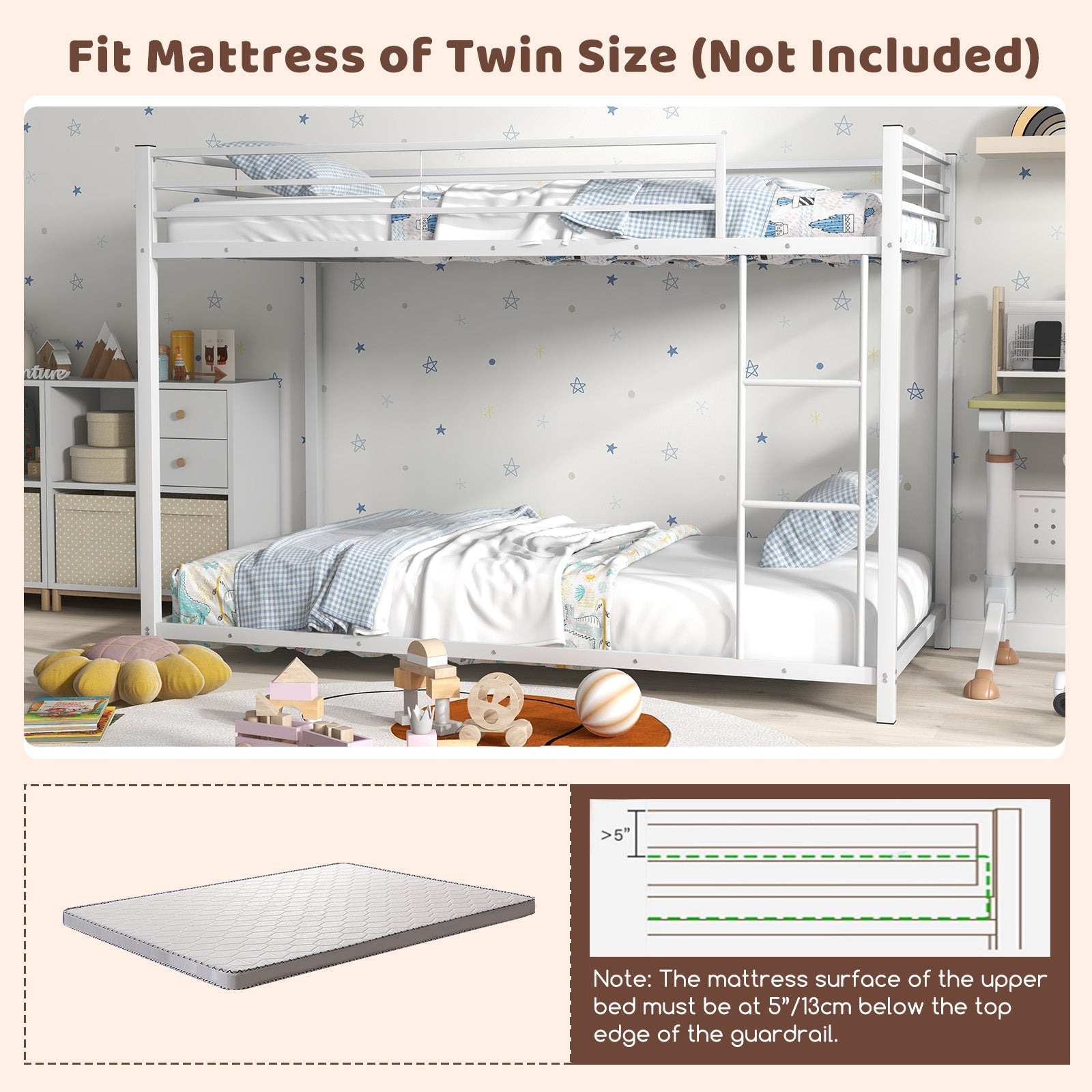 Low Profile Twin Over Twin Metal Bunk Bed with Full-length Guardrails-White