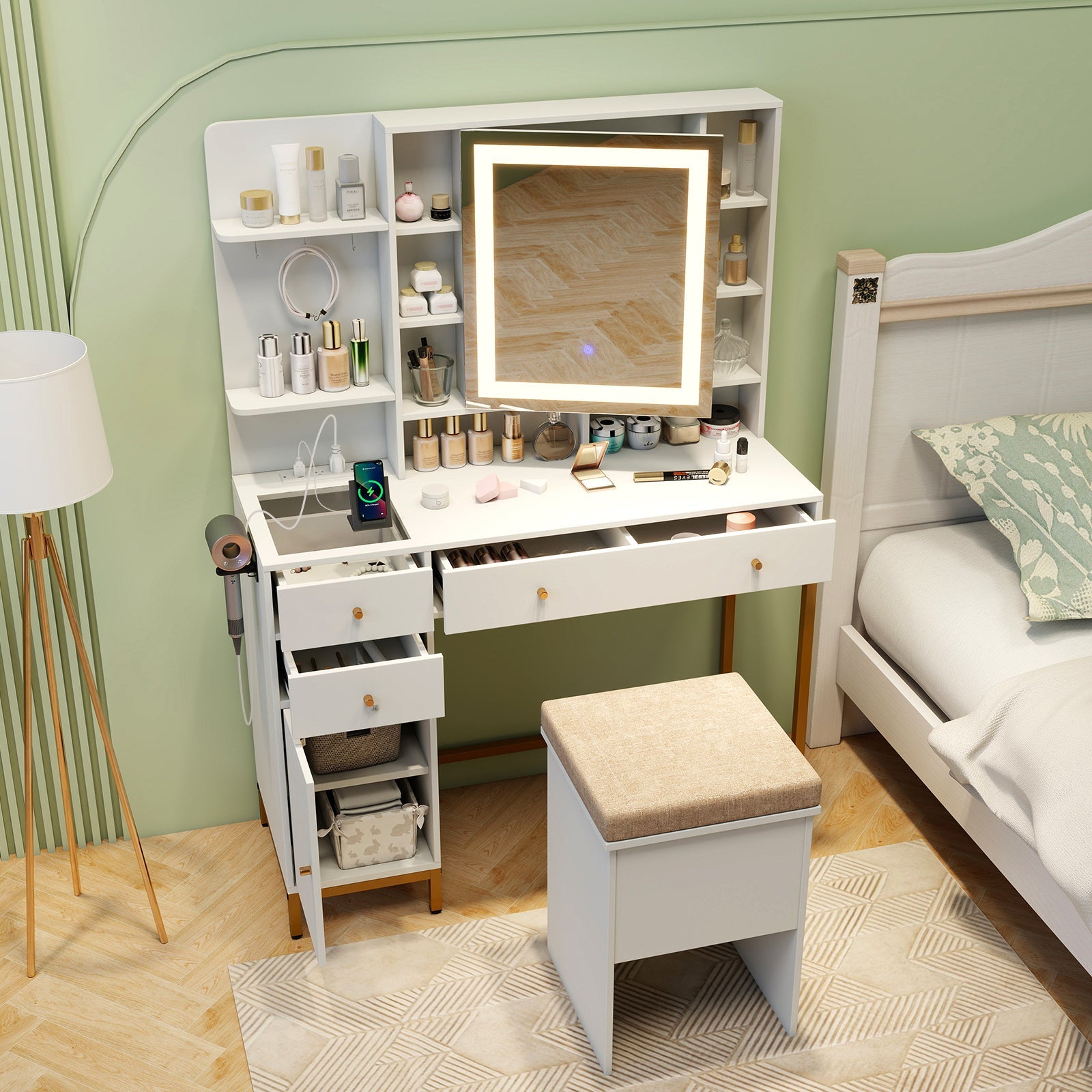 Makeup Dressing Table and Stool set with 3 Lighting Modes and Cabinet-White
