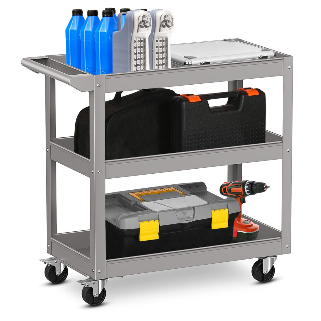 3-Tier Metal Utility Cart Trolley Tool with Flat Handle and 2 Lockable Universal Wheels-Gray