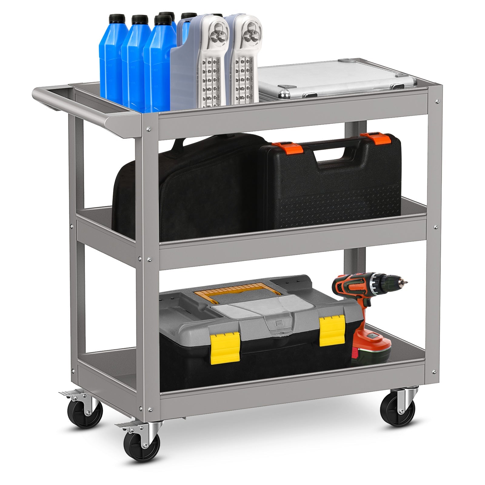 3-Tier Metal Utility Cart Trolley Tool with Flat Handle and 2 Lockable Universal Wheels-Gray