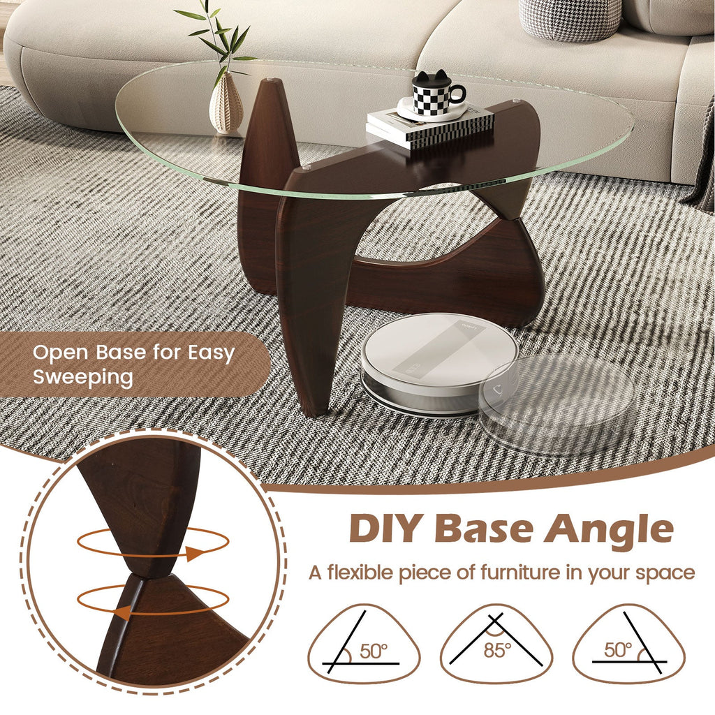 Triangle Coffee Table with Tempered Glass Top and Adjustable Rubber Wood Base-Walnut