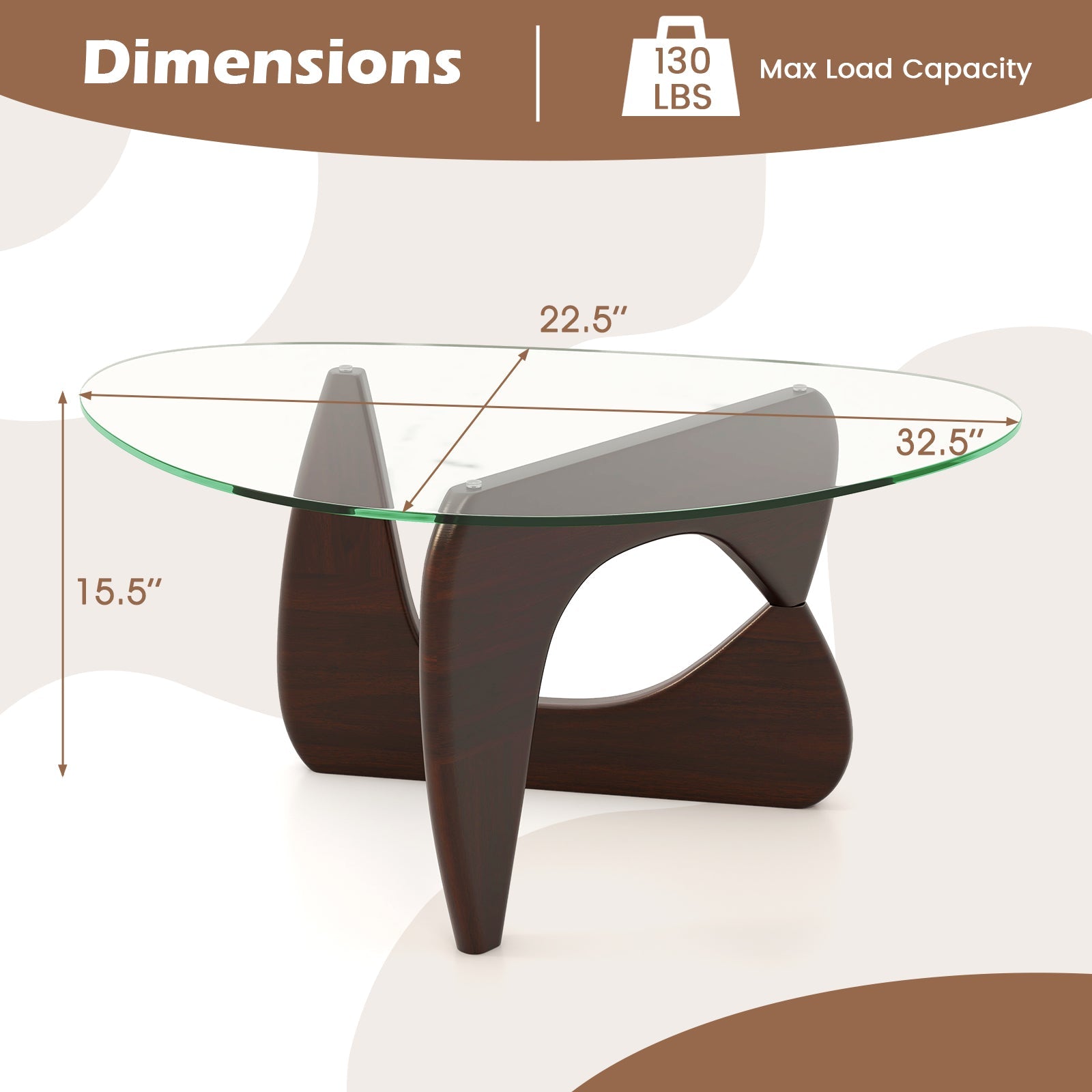 Triangle Coffee Table with Tempered Glass Top and Adjustable Rubber Wood Base-Walnut