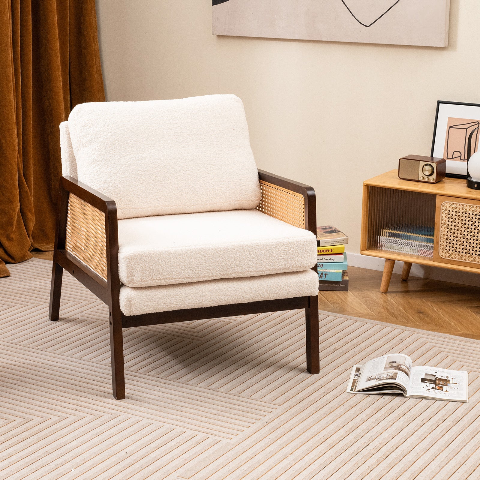 Mid Century Modern Accent Chair with Rattan Arms and Cushion-Brown