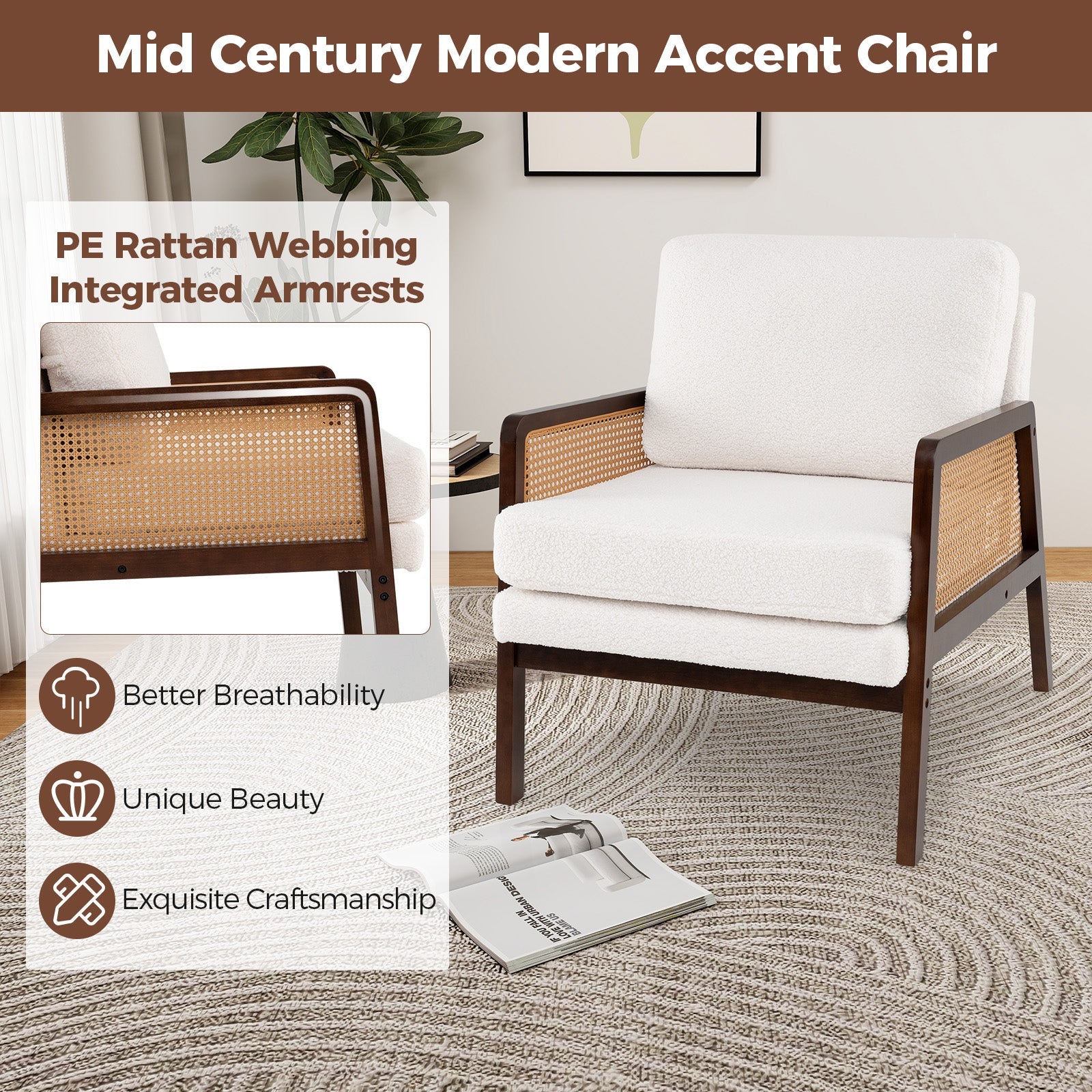 Mid Century Modern Accent Chair with Rattan Arms and Cushion-Brown