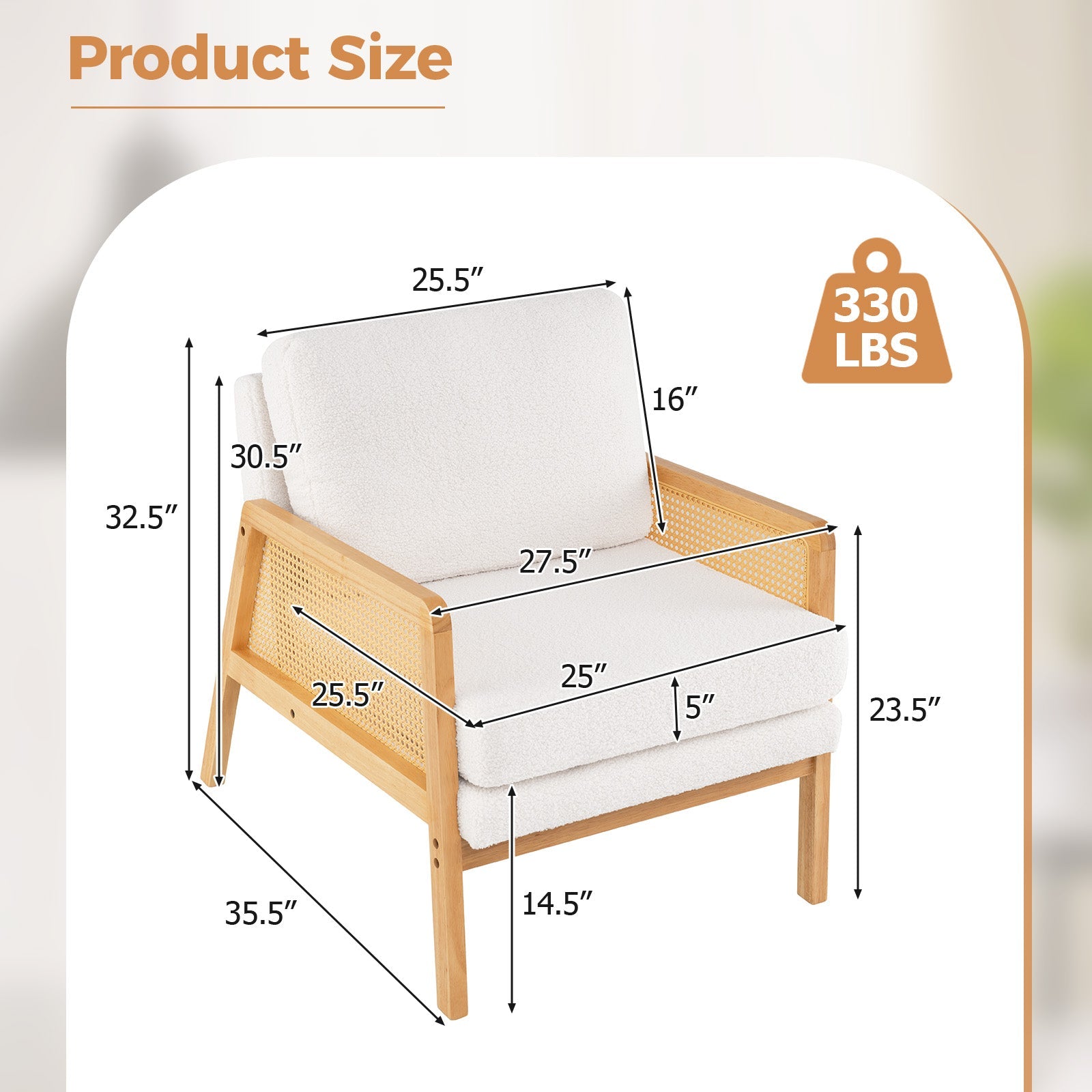 Mid Century Modern Accent Chair with Rattan Arms and Cushion-Natural
