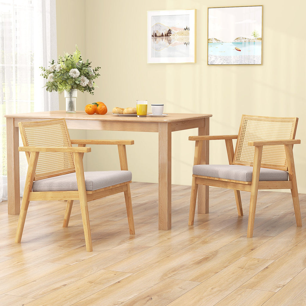 Mid Century Modern Accent Chairs Set of 2 with Breathable Rattan Back-Natural