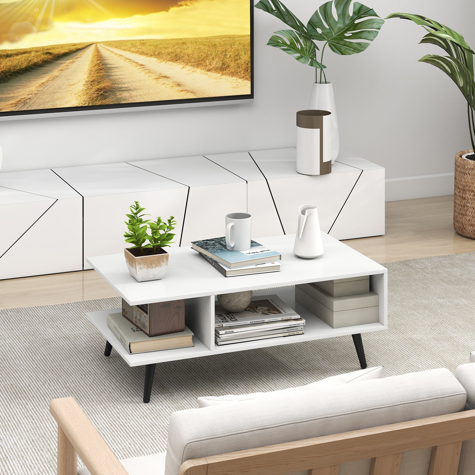 Mid Century Modern Rectangle Coffee Table 2-Tier Accent Table with 2 Open Compartments-White