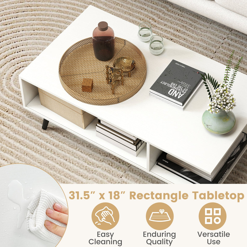 Mid Century Modern Rectangle Coffee Table 2-Tier Accent Table with 2 Open Compartments-White