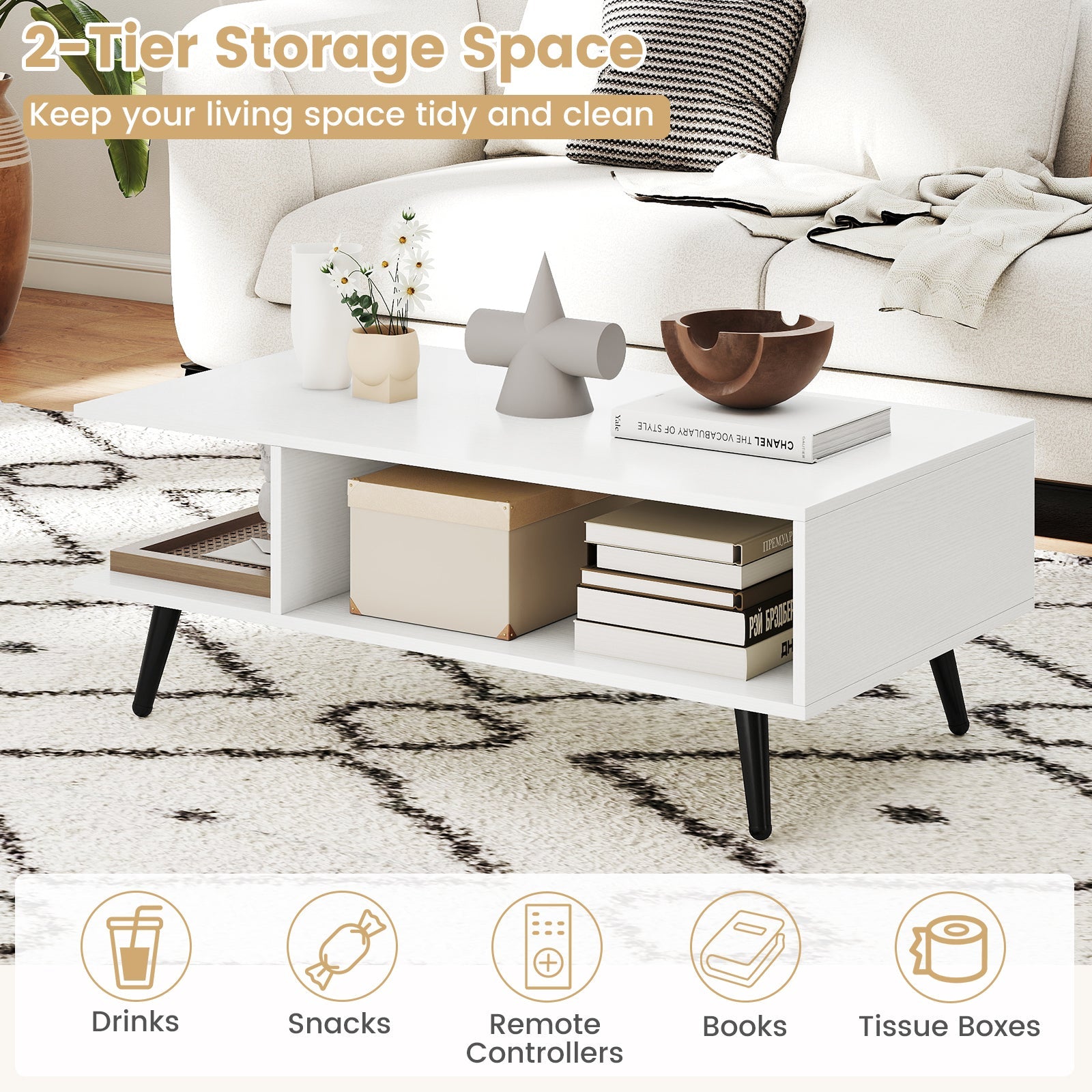 Mid Century Modern Rectangle Coffee Table 2-Tier Accent Table with 2 Open Compartments-White
