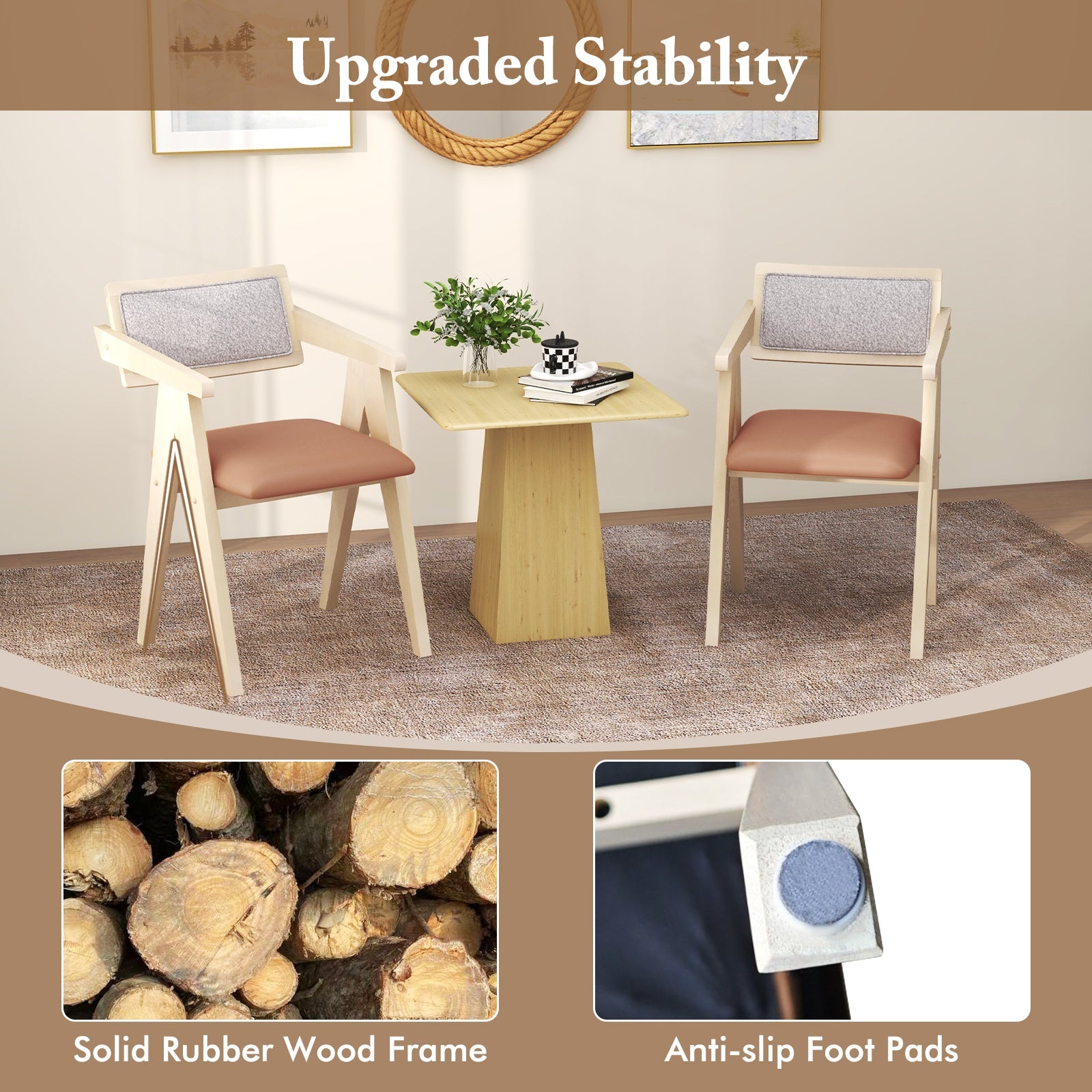 Mid Century Wooden Accent Chairs with Leathaire Seat Cushions Set of 2-Beige