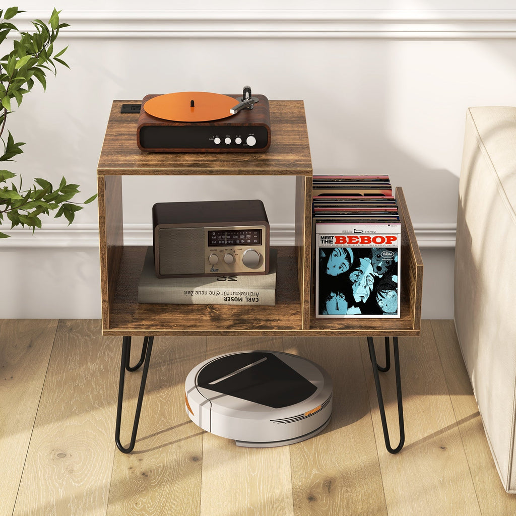 Mid-century Record Player Stand with Power Outlet and Vinyl Divider-Rustic Brown