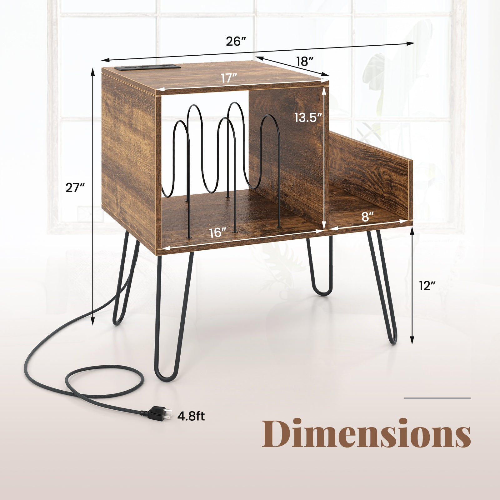 Mid-century Record Player Stand with Power Outlet and Vinyl Divider-Rustic Brown