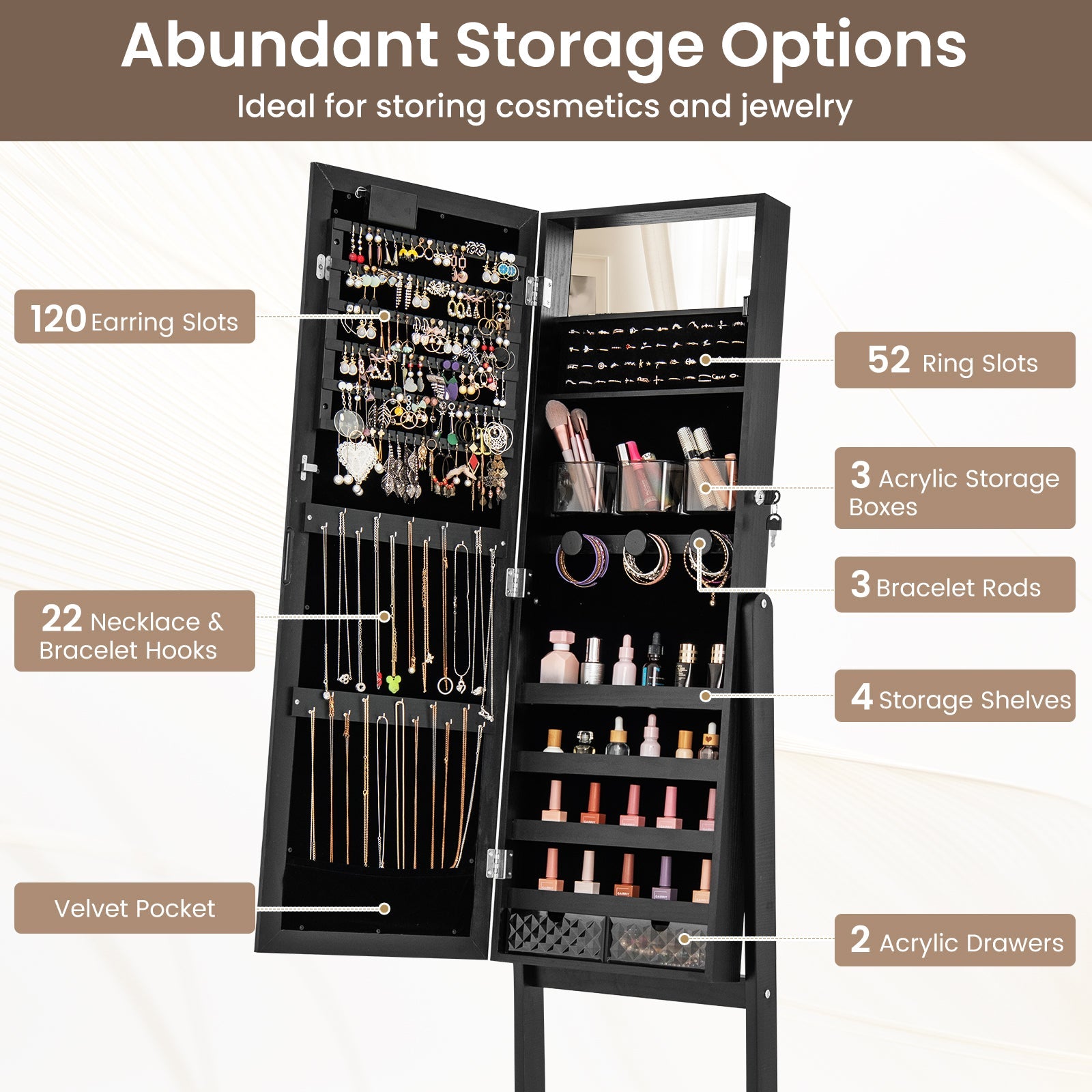 Mirror Jewelry Cabinet with 20 Warm Lights and 4 Tilt Angles-Black