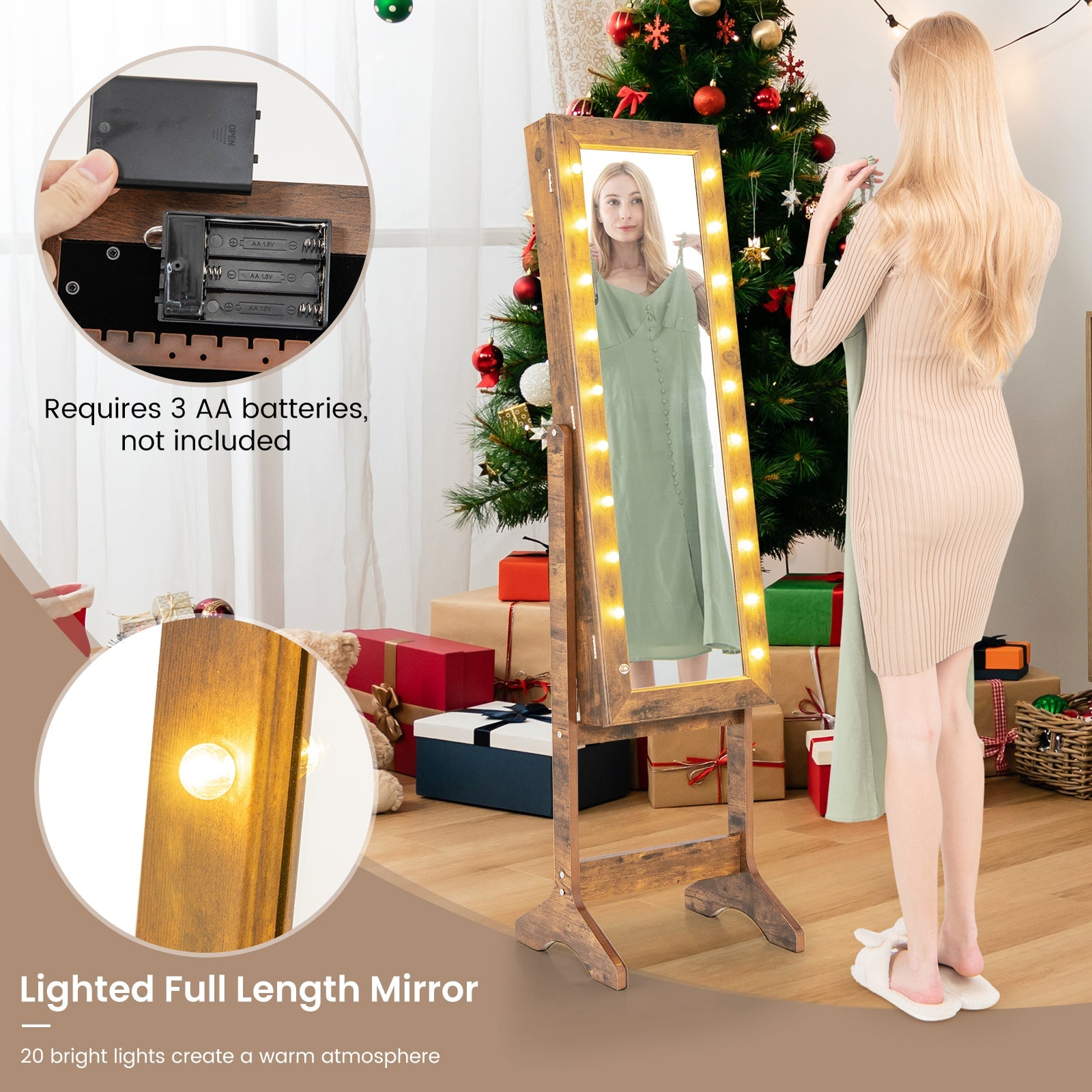 Mirror Jewelry Cabinet with 20 Warm Lights and 4 Tilt Angles-Rustic Brown