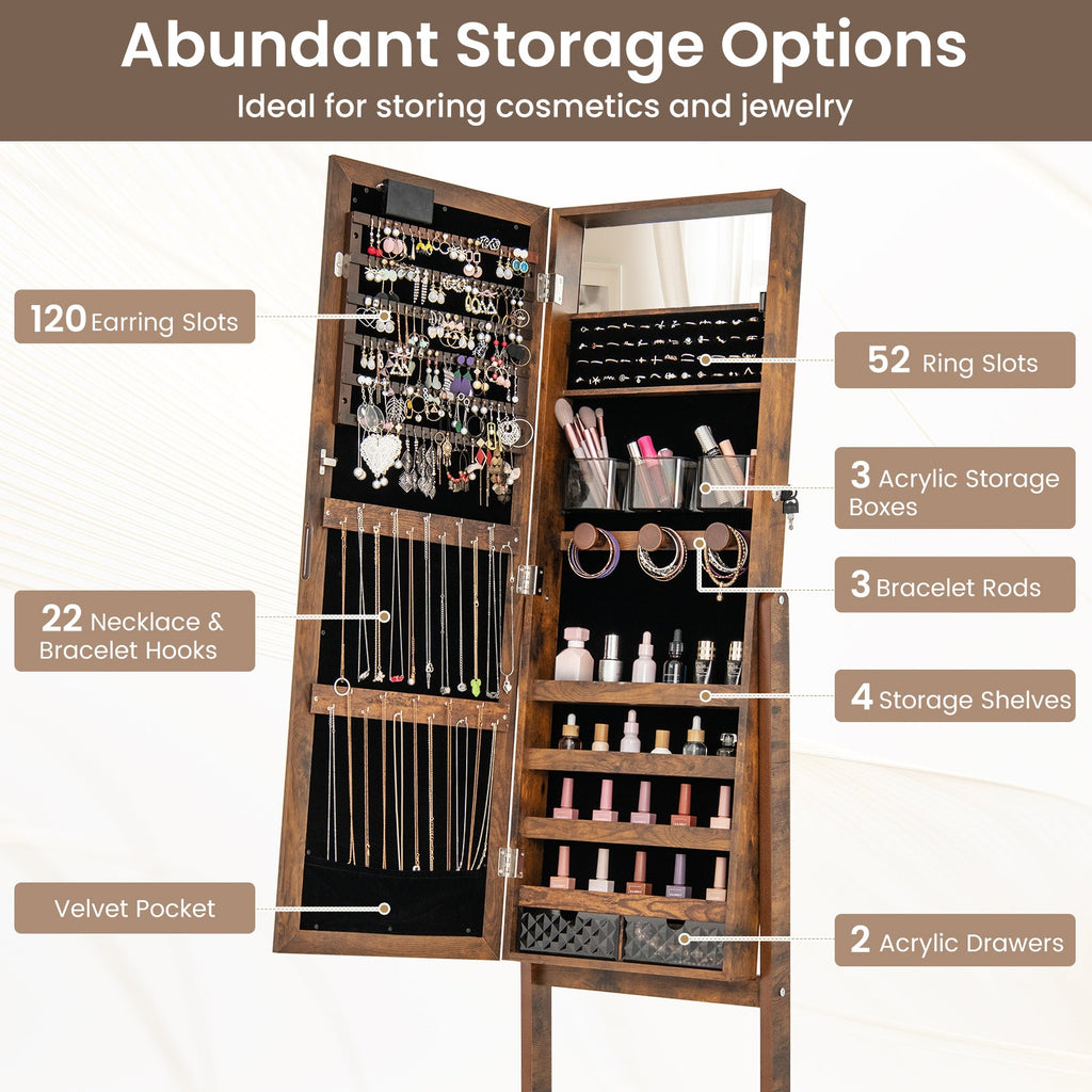 Mirror Jewelry Cabinet with 20 Warm Lights and 4 Tilt Angles-Rustic Brown