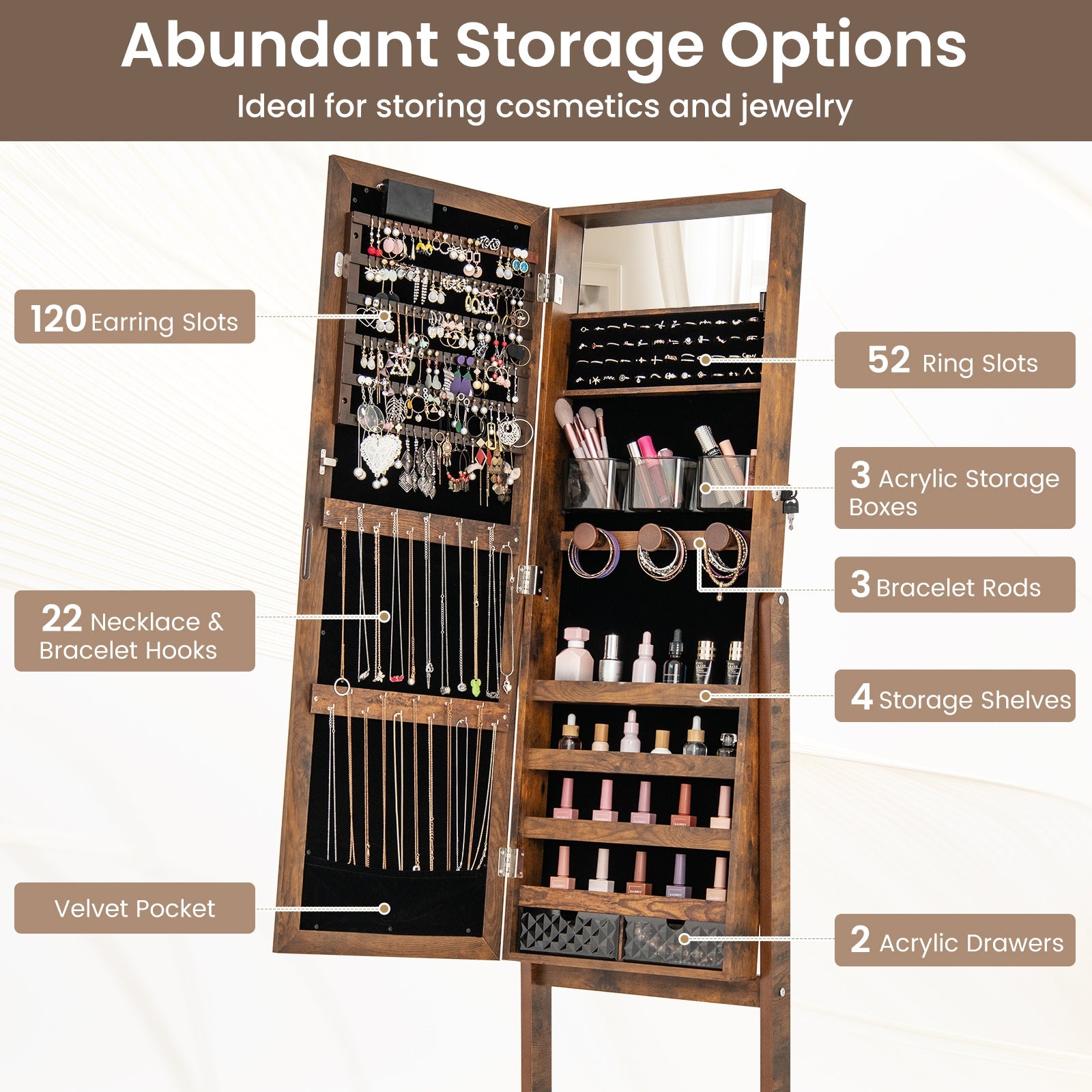 Mirror Jewelry Cabinet with 20 Warm Lights and 4 Tilt Angles-Rustic Brown