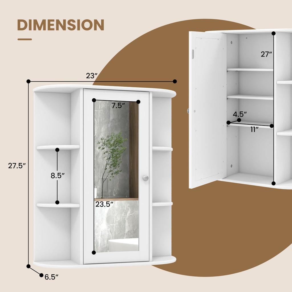 Mirrored Bathroom Medicine Cabinet with Single Mirror Door and Adjustable Shelf-White
