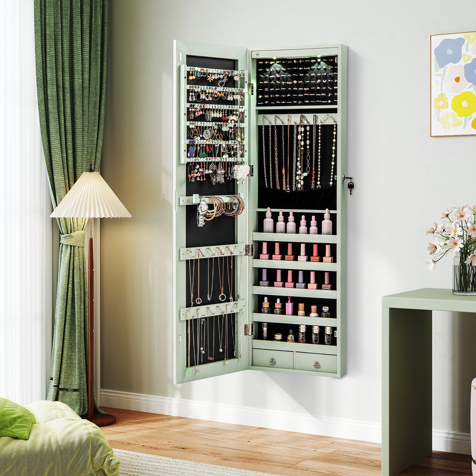 Wall and Door Mounted Mirrored Jewelry Cabinet with Lights-Green