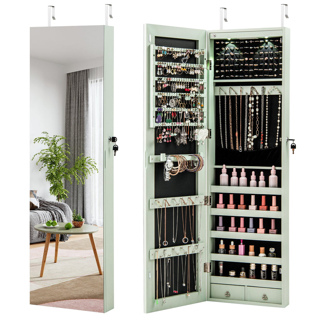 Wall and Door Mounted Mirrored Jewelry Cabinet with Lights-Green